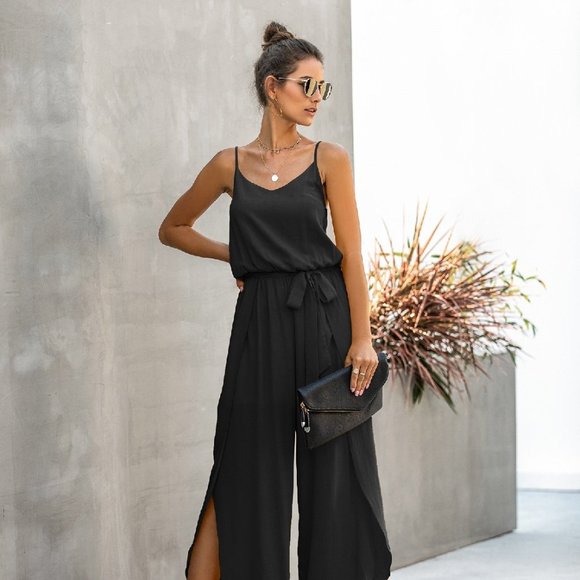 Pants - Spaghetti Strap Wide Leg Jumpsuit (Black)